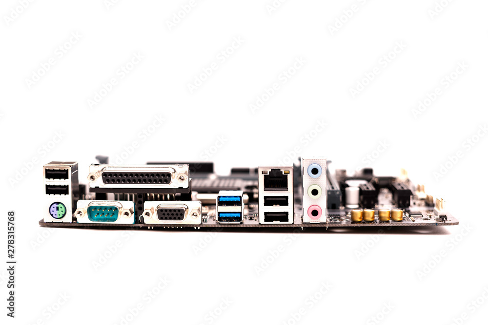 Motherboard for personal computer and connector, socket, port, jack on white background. Motherboard for personal computer and connector, socket, port, jack on white background.