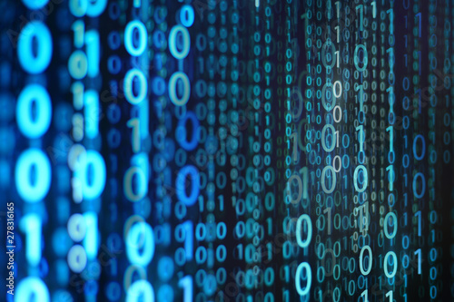 blue binary background. computer language matrix. multiple exposure photo of LED screen displaying information codes. cyber war and digital data transfer theme. ai and data analysis concepts.