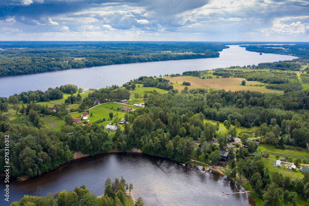 Aerial view of Daugava river at Koknese, Latvia.