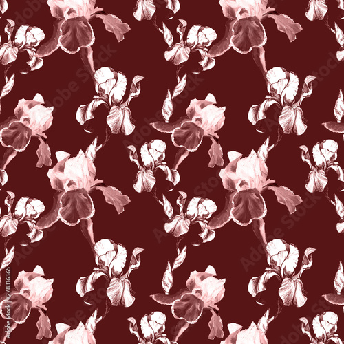 Floral seamless pattern with hand drawn ink iris flowers on burgundy background. Flowers lined up in harmonious uninhibited sequence