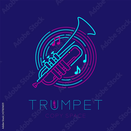 Trumpet, music note with line staff circle shape logo icon outline stroke set dash line design illustration isolated on dark blue background with saxophone text and copy space photo