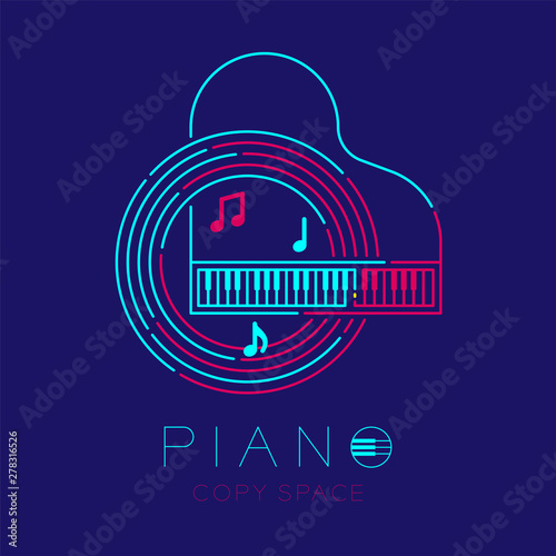 Piano, music note with line staff circle shape logo icon outline stroke set dash line design illustration isolated on dark blue background with keyboard text and copy space