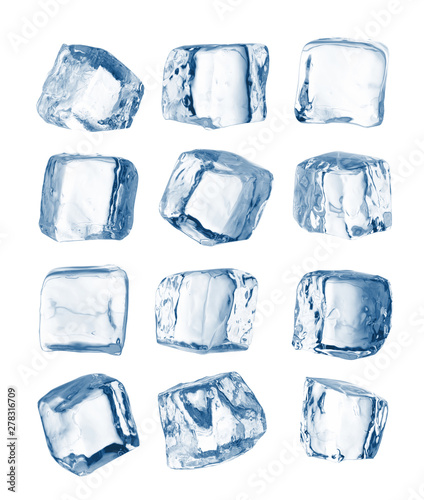 Set of peaces of pure blue natural crushed ice. Ice cubes. Clipping path for each cube included.