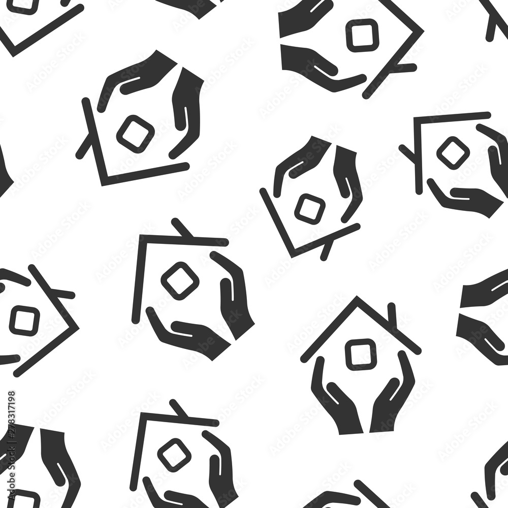 Home care icon seamless pattern background. Hand hold house vector illustration on white isolated background. Building quality business concept. Home care icon seamless pattern background. Hand hold house vector illustration on white isolated background. Building quality business concept.
