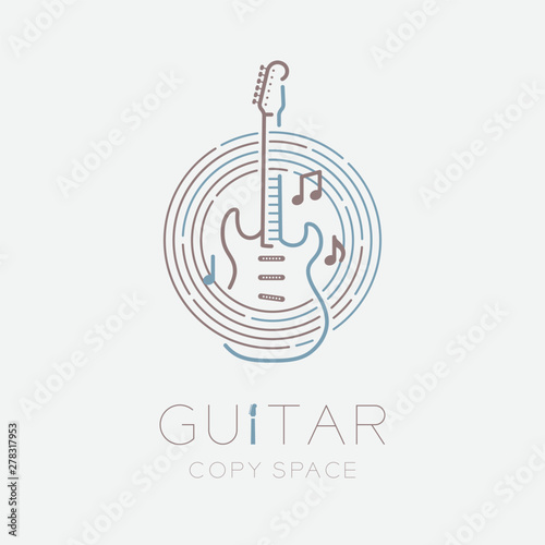 Electric guitar, music note with line staff circle shape logo icon outline stroke set dash line design illustration isolated on grey background with guitar text and copy space
