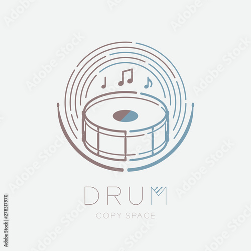 Snare drum, drumstick, music note with line staff circle shape logo icon outline stroke set dash line design illustration isolated on grey background with drum text and copy space