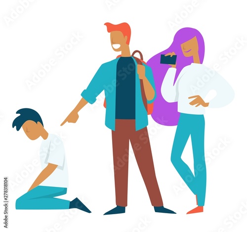 Abuse and bullying teenager problem filming on smartphone isolated characters