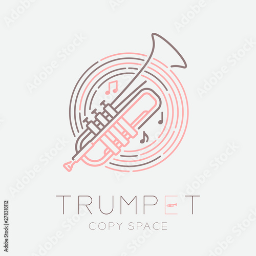 Trumpet, music note with line staff circle shape logo icon outline stroke set dash line design illustration isolated on grey background with saxophone text and copy space