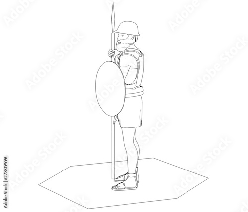 warrior character  contour visualization  3D illustration  sketch  outline