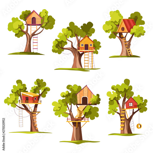 House on tree childish playground or backyard ladder and swing