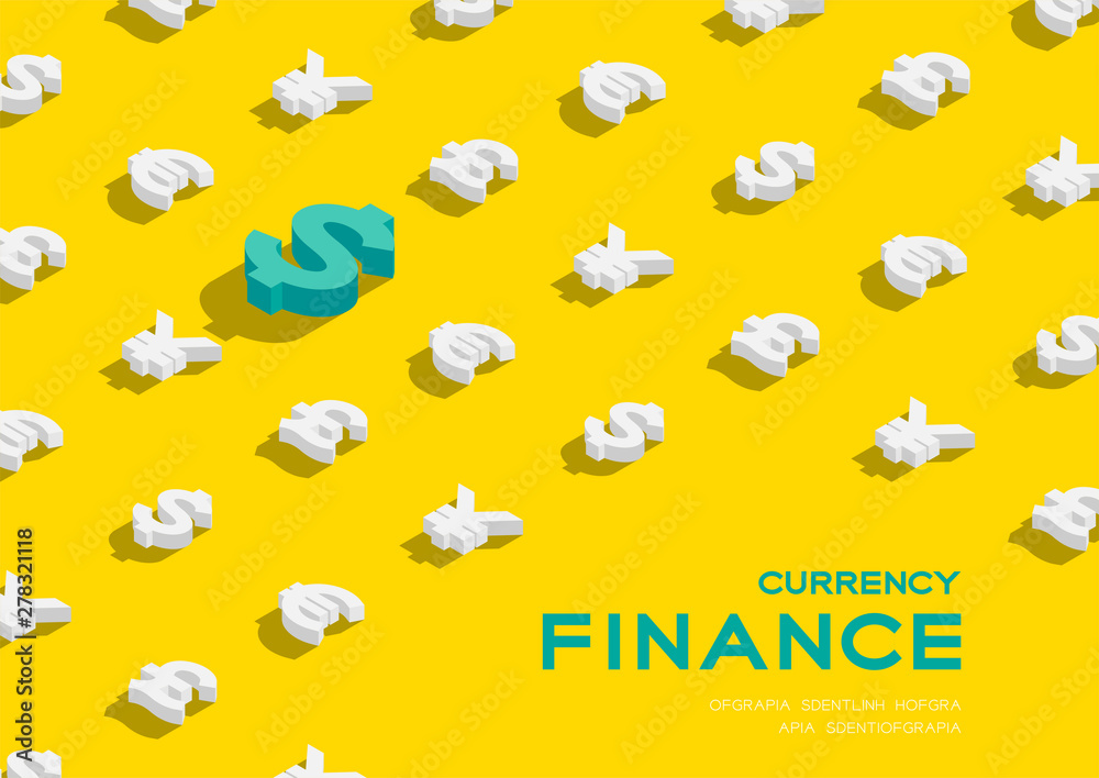 Currency sign dollar, pound sterling, euro, and japanese yen or chinese yuan sign 3d isometric pattern, Business finance concept poster, banner design illustration on yellow background with space