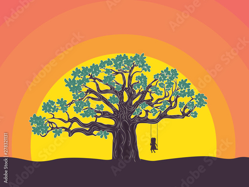 Big tree and girl on swing silhouette