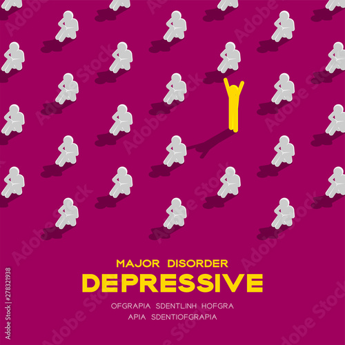 Depression (major depressive disorder, MDD) man pictogram 3d isometric pattern, Medical illness concept poster and banner square design illustration isolated on purple background with space, vector
