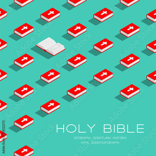 Holy Bible book 3D isometric pattern, Christian faithful concept poster and banner square design illustration isolated on green background with copy space, vector eps 10