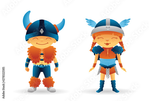 Cartoon vikings set cute color characters in scandinavian costume. Children's theme.
