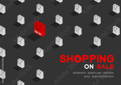 Shopping bag 3D isometric pattern, Sale promotion concept poster and banner horizontal design illustration isolated on dark grey background with copy space, vector eps 10