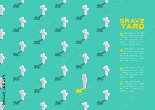 Graveyard with cross 3D isometric pattern, Christian faithful rest in peace (rip) concept poster and banner horizontal design illustration isolated on green background with copy space, vector eps 10