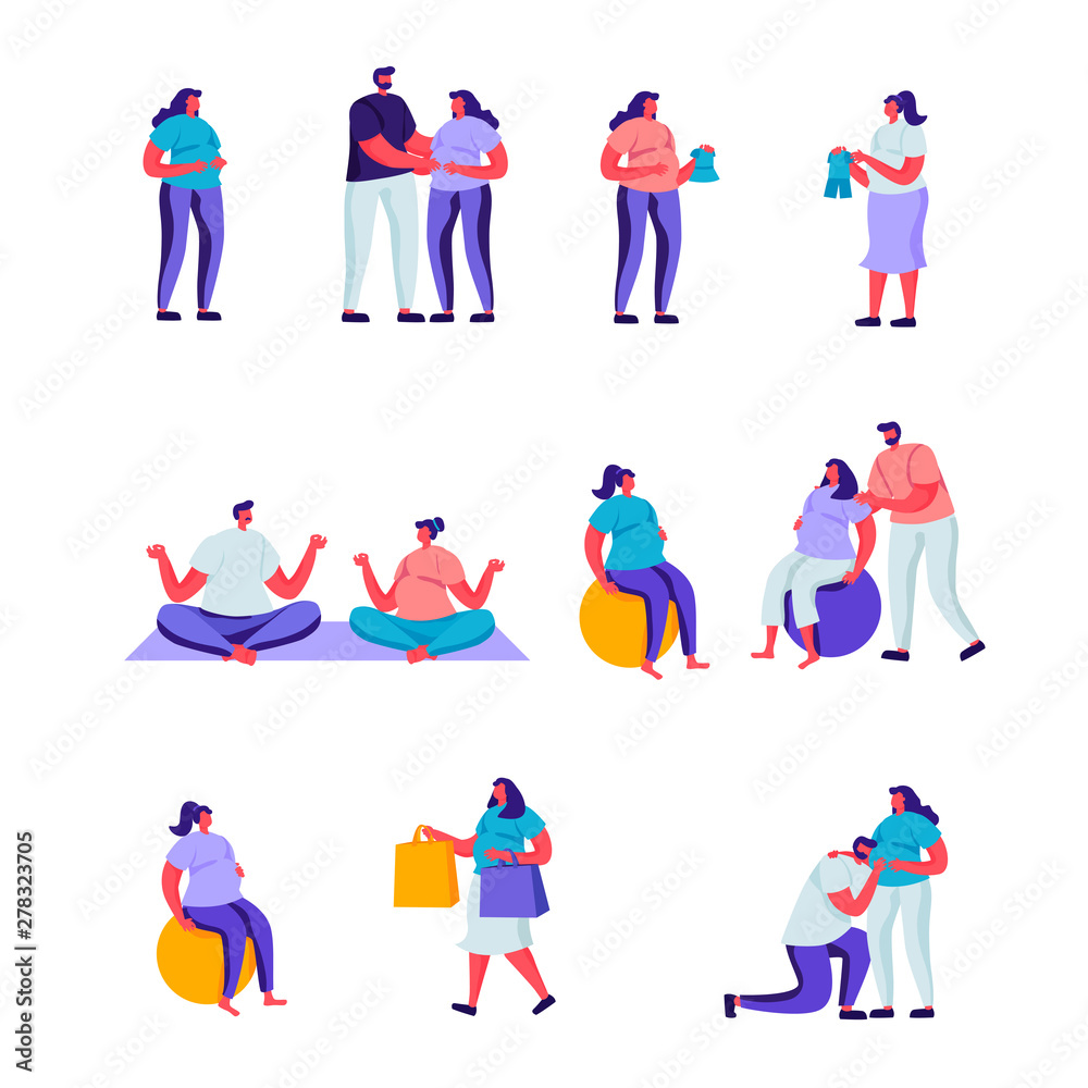 Set of Flat Happy Pregnant Women and Their Husbands Characters. Cartoon People Women Fitness Sports Activity, Spend Time Together Going Shopping, Buying Clothing for Baby. Vector Illustration.