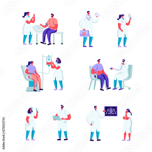 Set of Flat Blood Donation in a Medical Institution Characters. Cartoon People Woman at Doctor Appointment. Medical Check Up, Ultrasound, Volunteers Donating Blood. Vector Illustration.
