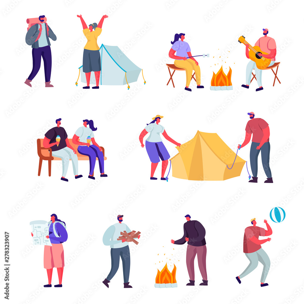Set of Flat Active Lifestyle Outside The City in Summer Camp Characters. Cartoon People Touristic Hiking, Riding Hoverboard, Doing Yoga Outdoors, Walking with Pet. Vector Illustration.