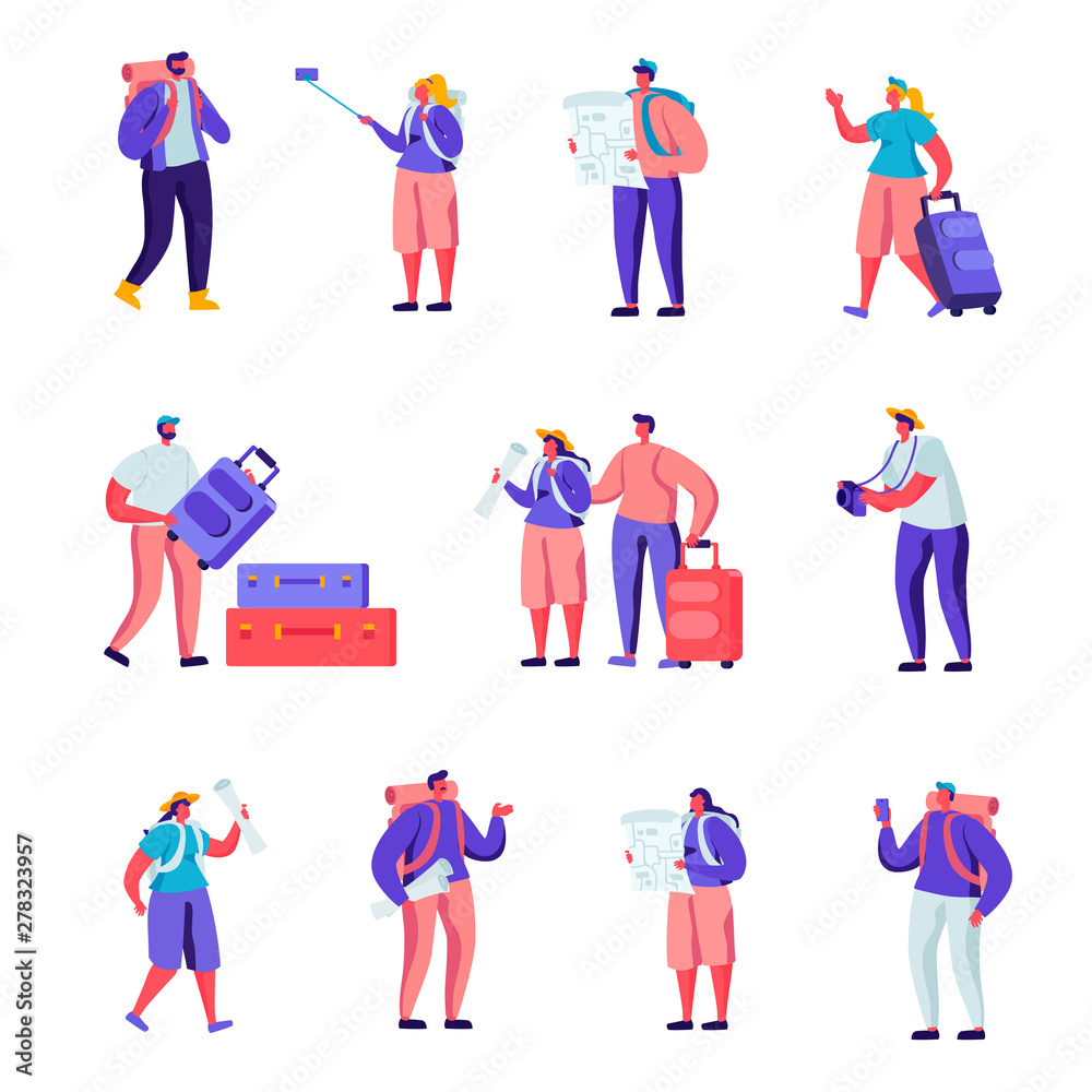 Set of Flat Tourists Traveling Around the World Characters. Cartoon People Couple with Luggage Watching Map, Making Selfie, Visiting and Photographing. Vector Illustration.