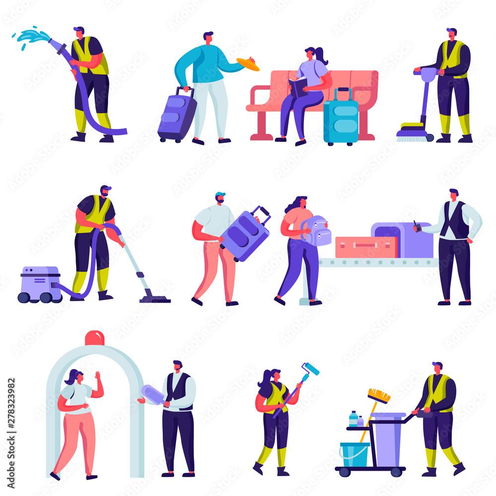 Set of Flat Tourists and Cleaning Service Staff in The Airport Characters. Cartoon People Traveling Tools, Baggage, Trolley and Smartphones, Cleaning Equipment. Vector Illustration.