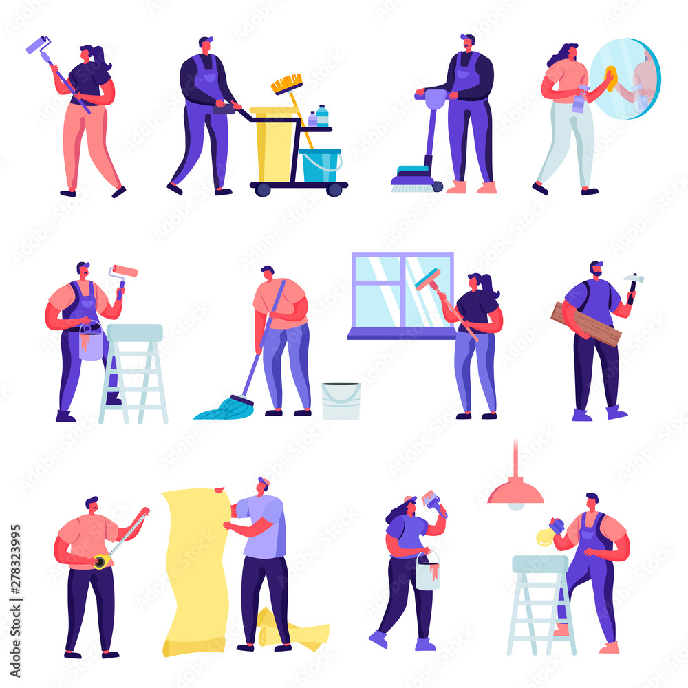 Set of Flat Cleaning Company Service Characters. Cartoon People Loading Dirty Clothes to Washing Machine, Ironing, Rolling Cart with Clean Dresses in Launderette. Vector Illustration.