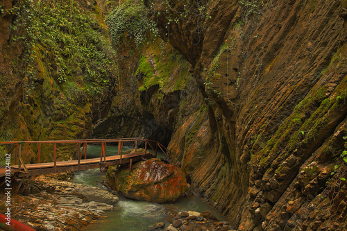 beautiful landscape in  mountains with waterfall in spring