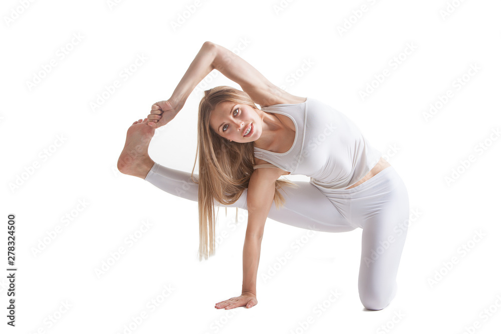 beautiful flexible woman doing yoga poses on white beautiful flexible woman doing yoga poses on white