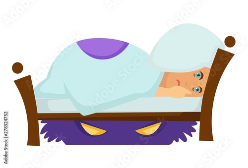 Scared boy nightmare and monster under bed fantasy and imagination