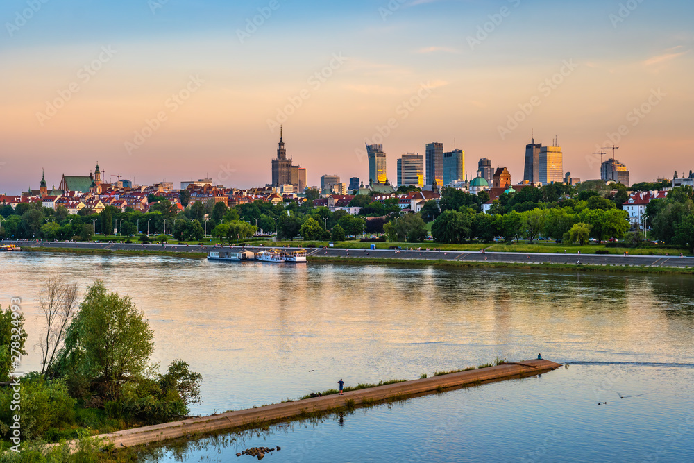 City Skyline of Warsaw in Poland at Sunset