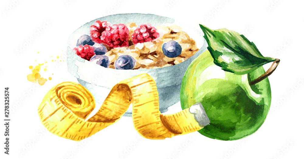 Concept diet. Healthy food with muesli, green apple and measuring tape. Watercolor hand drawn illustration, isolated on white background