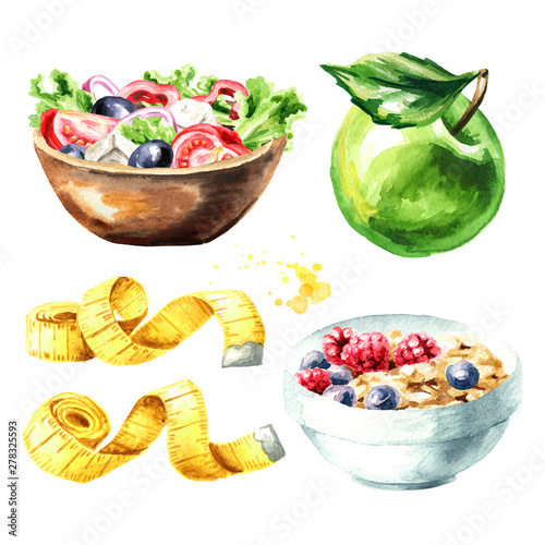 Concept diet. Healthy food with muesli, vegetable salad, green apple and measuring tape set. Watercolor hand drawn illustration isolated on white background