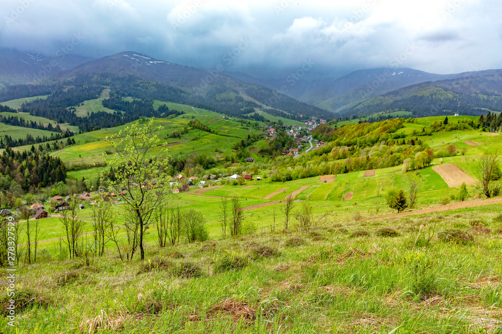 The mountain slope is covered with thick green grass against the backdrop of the picturesque landscape of the Carpathian Mountains shrouded in mist and villages in the valley. The mountain slope is covered with thick green grass against the backdrop of the picturesque landscape of the Carpathian Mountains shrouded in mist and villages in the valley.