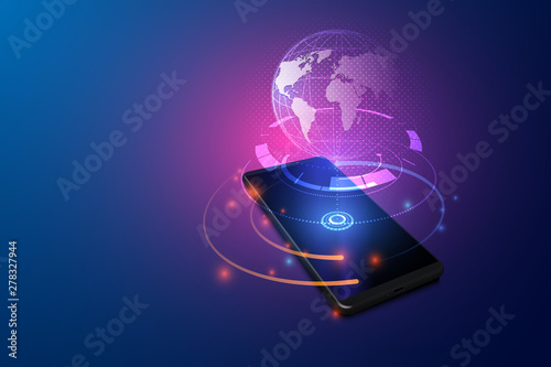 High speed communications with world wide web from anywhere in world via phone mobile internet. Hologram earth virtual hud elements over screen smartphone. vector eps10