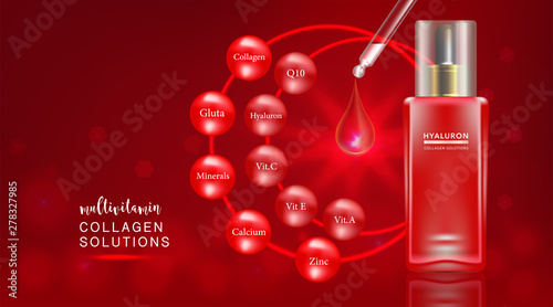 Beauty product ad design  red cosmetic container with collagen solution advertising background ready to use  luxury skin care banner  illustration vector. 