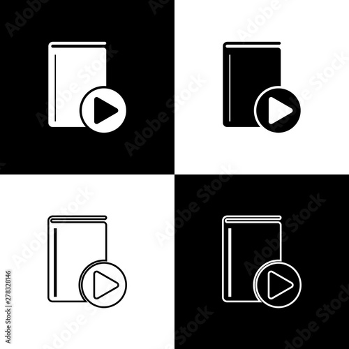 Set Audio book icon isolated on black and white background. Play button and book. Audio guide sign. Online learning concept. Vector Illustration