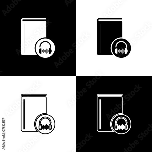 Set Audio book icon isolated on black and white background. Book with headphones. Audio guide sign. Online learning concept. Vector Illustration