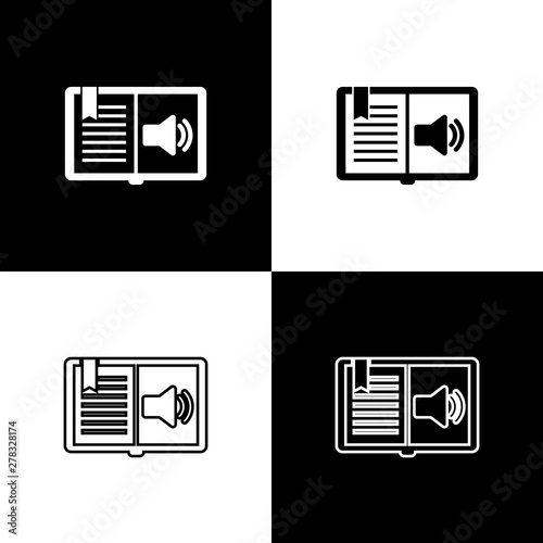 Set Audio book icon isolated on black and white background. Audio guide sign. Online learning concept. Vector Illustration