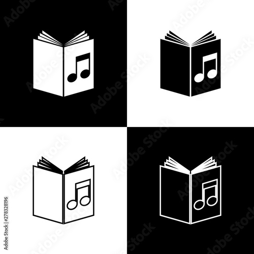 Set Audio book icon isolated on black and white background. Musical note with book. Audio guide sign. Online learning concept. Vector Illustration