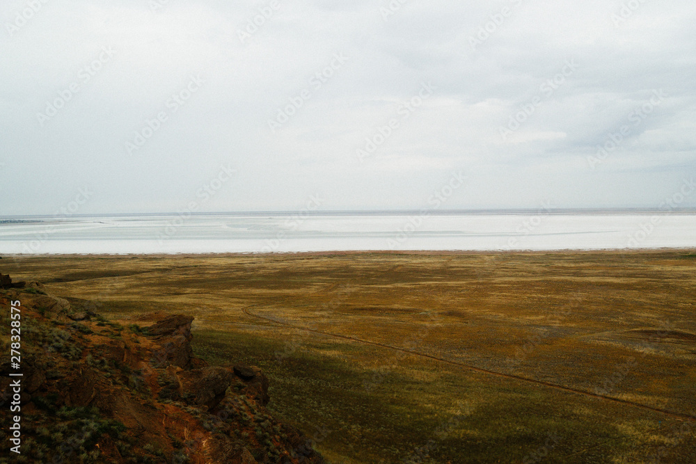 Saline,salt lake Baskunchak. Astrakhan region. Russian landscape.