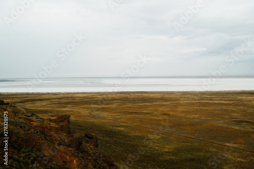 Saline salt lake Baskunchak. Astrakhan region. Russian landscape.
