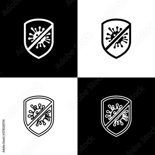 Set Stop virus, bacteria, germs and microbe icon isolated on black and white background. Antibacterial and antiviral defence, protection infection. Vector Illustration