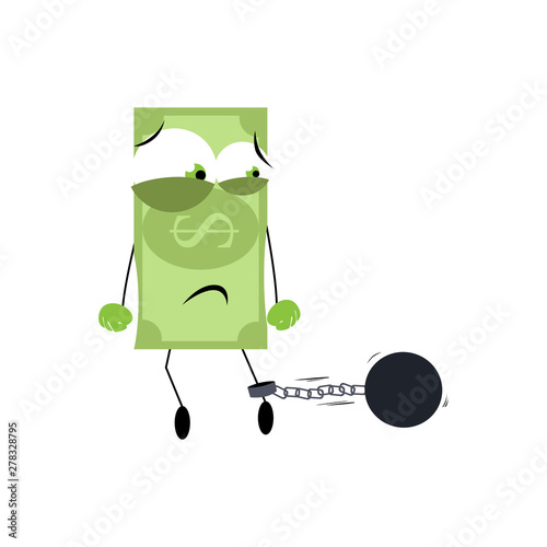 Credit and debt. Character dollar banknote chained to weight debt