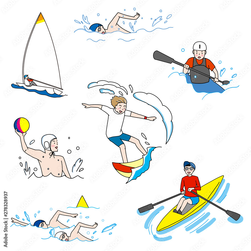 ヨット・水泳・水球・遠泳・カヌー・サーフィンオリンピック水上水中競技イラストセット