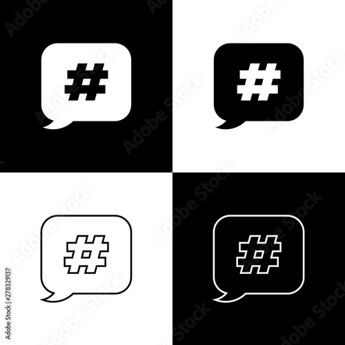 Set Hashtag speech bubble icon isolated on black and white background. Concept of number sign, social media marketing, micro blogging. Vector Illustration