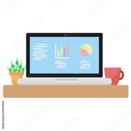 Modern laptop computer with succulents flower in pot and cup in cartoon flat style on white, stock vector illustration