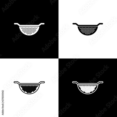 Set Kitchen colander icon isolated on black and white background. Cooking utensil. Cutlery sign. Vector Illustration