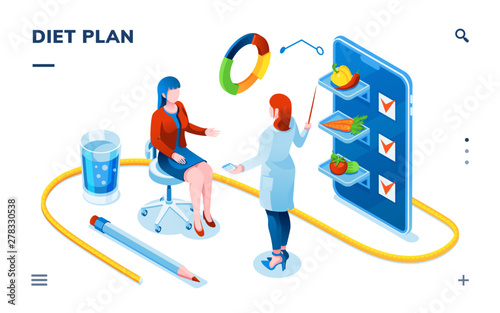 Dietician and woman patient for smartphone dietology application. Dietitian doctor consultation about balanced vegetable diet or weight loss. Isometric page for food and nutrition, healthcare. Dieting