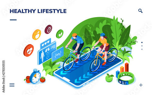 Healthy lifestyle or sport training, online fitness tracker, sportsman health tracking isometric application screen. Man, woman cycling on smartphone, doing cardio, heart rate bracelet. Weight control